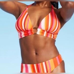 Bikini Set- Orange Pink stripe bikini set-high leg low rise bottom.
